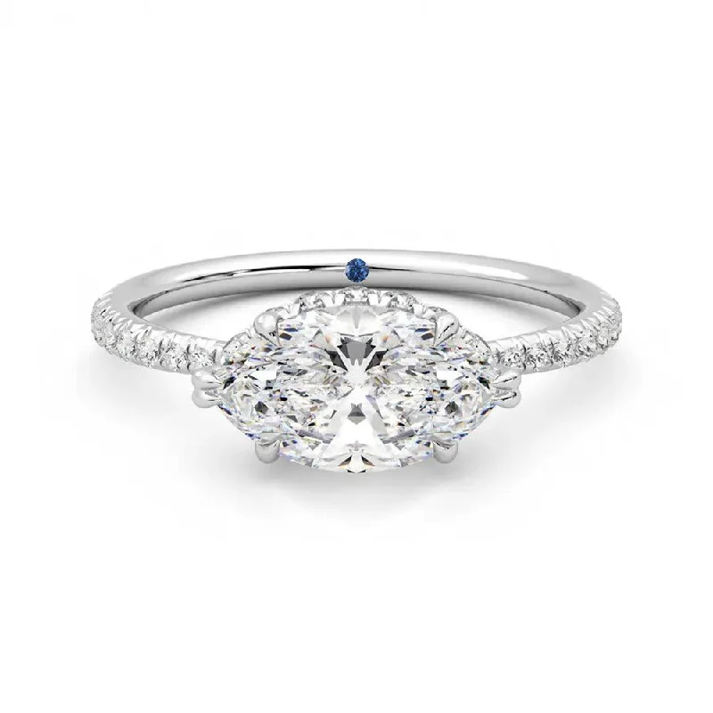 East-West Marquise Cut Moissanite Engagement Ring with Hidden Anniversary Stone Accent