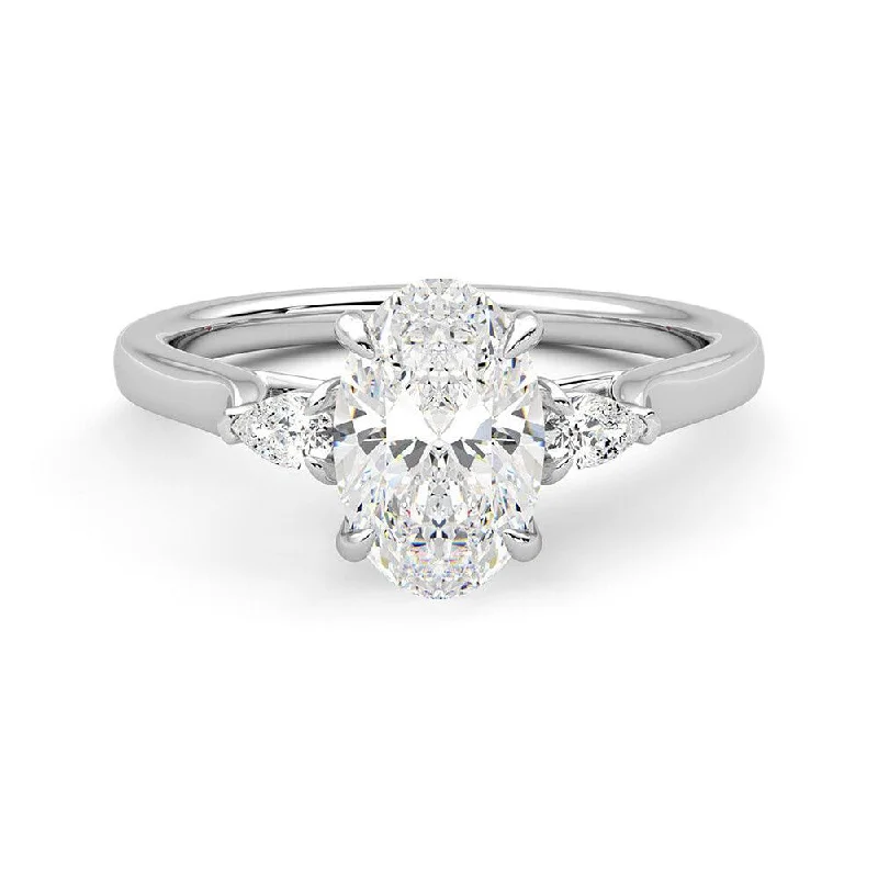 Three Stone Oval Cut Moissanite Engagement Ring with Hidden Anniversary Stone Accent