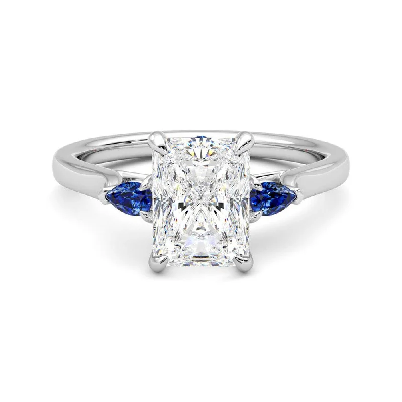 Three Stone Radiant Cut Moissanite Engagement Ring with Hidden Anniversary Stone Accent