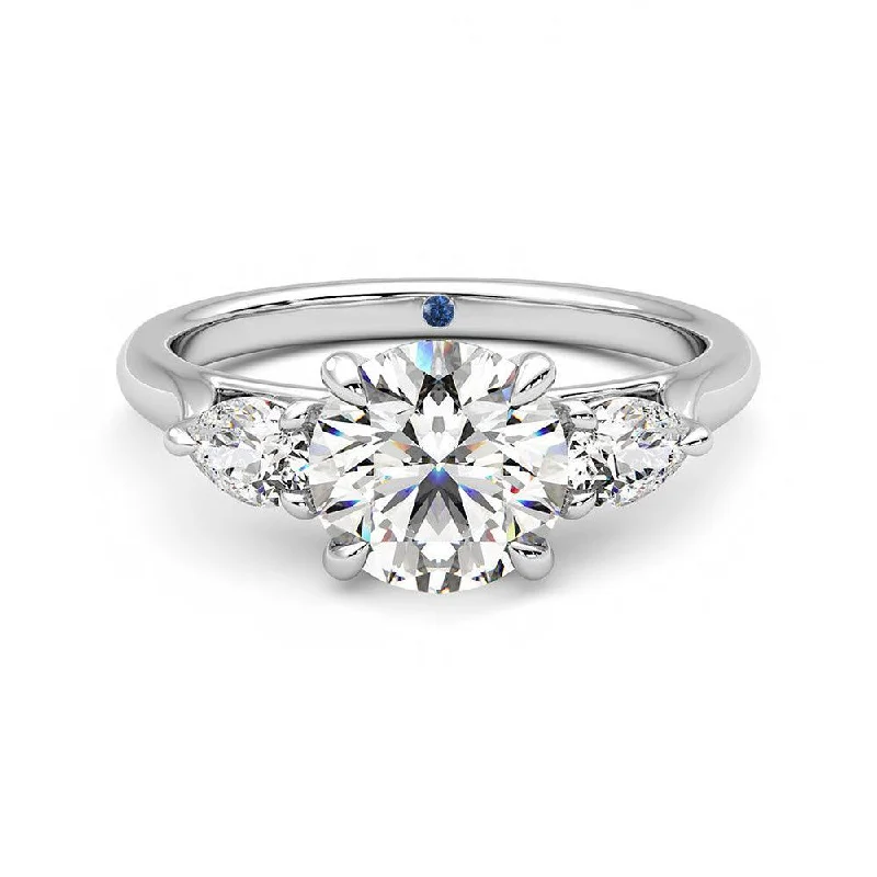 Three Stone Round Moissanite Engagement Ring with Hidden Anniversary Stone Accent