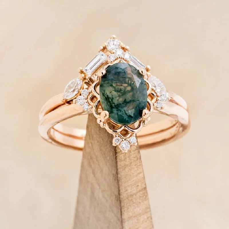 "TREVA" - OVAL MOSS AGATE ENGAGEMENT RING WITH DIAMOND ACCENTS & "MELODY" TRACER