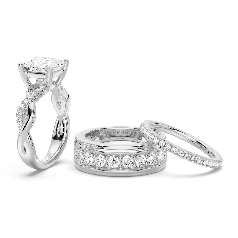 Twist Vine Princess Cut Moissanite Couple's Ring Set with Men's Wedding Band