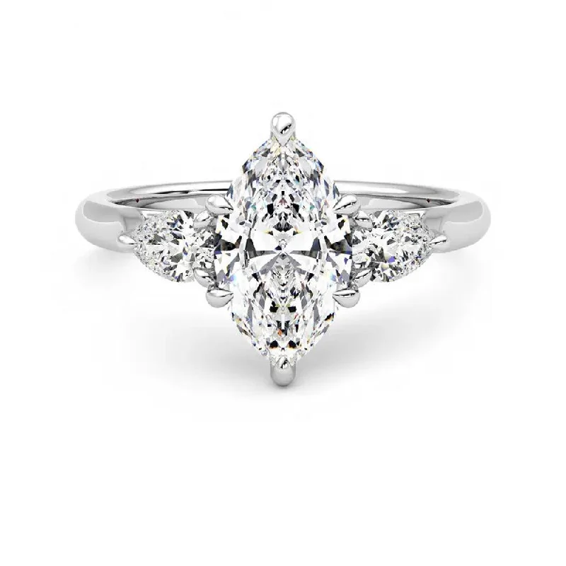 Three Stone Marquise Cut Moissanite Engagement Ring with Hidden Anniversary Stone Accent