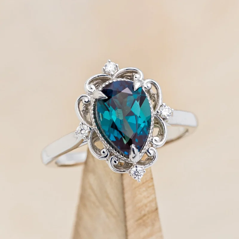 "VERA" - PEAR SHAPED LAB-GROWN ALEXANDRITE ENGAGEMENT RING WITH DIAMOND ACCENTS