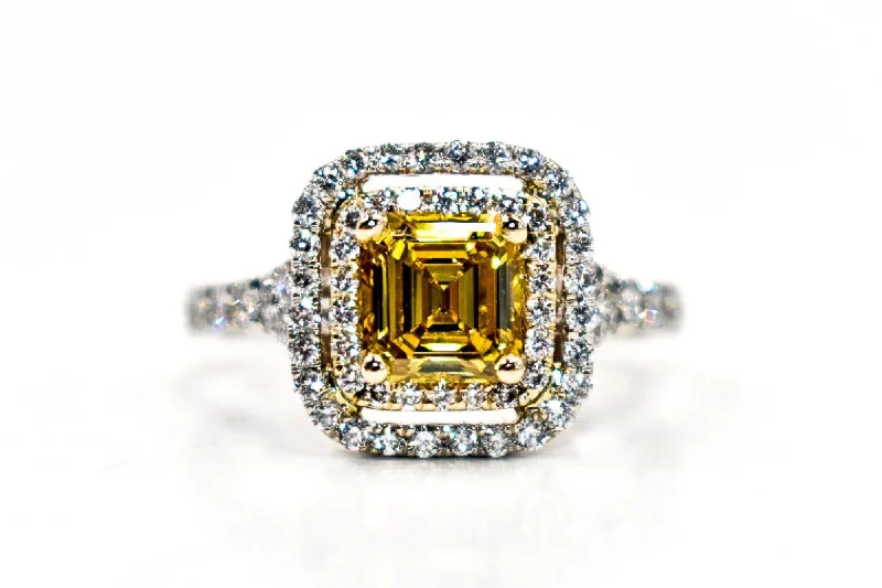 Yellow Asscher Diamond Round Double Halo Ring