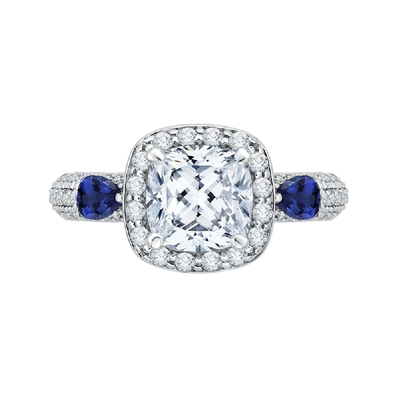 14K White Gold Cushion Cut Diamond Halo Engagement Ring with Sapphire (Semi Mount)