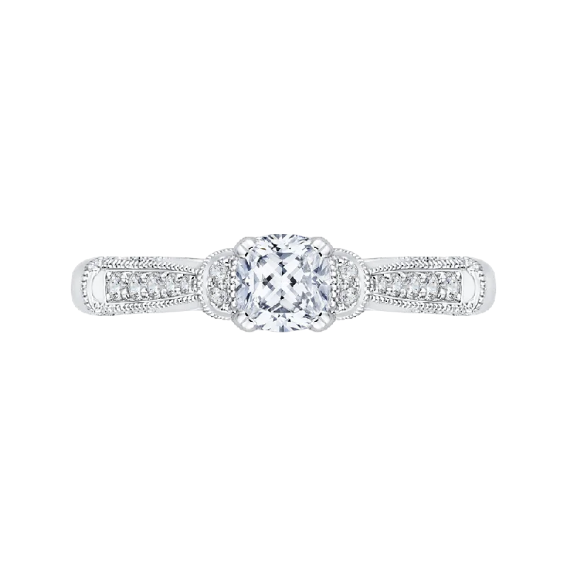 14K White Gold Cushion Diamond Cathedral Style Engagement Ring