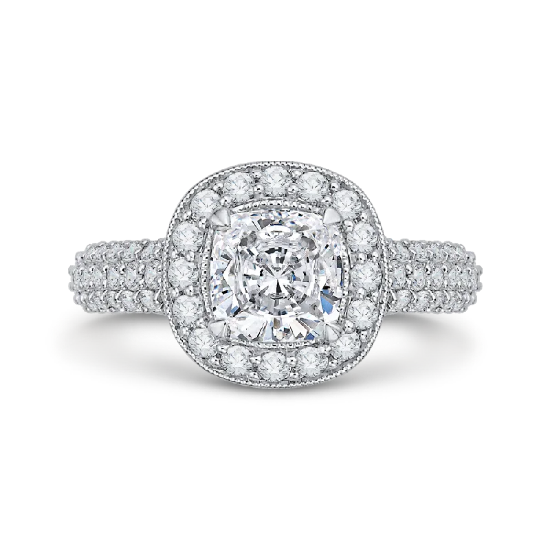 14K White Gold Cushion Diamond Halo Cathedral Style Engagement Ring (Semi Mount)