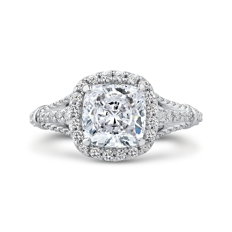 14K White Gold Cushion Diamond Halo Engagement Ring with Split Shank (Semi Mount)