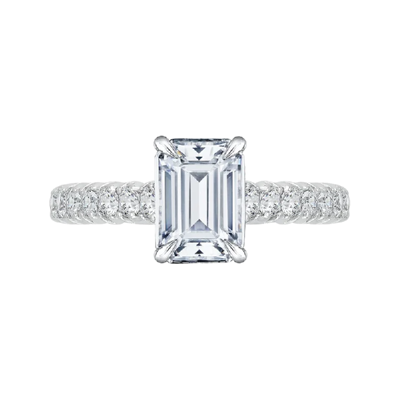 14K White Gold Emerald Cut Diamond Cathedral Style Engagement Ring with Euro Shank (Semi Mount)