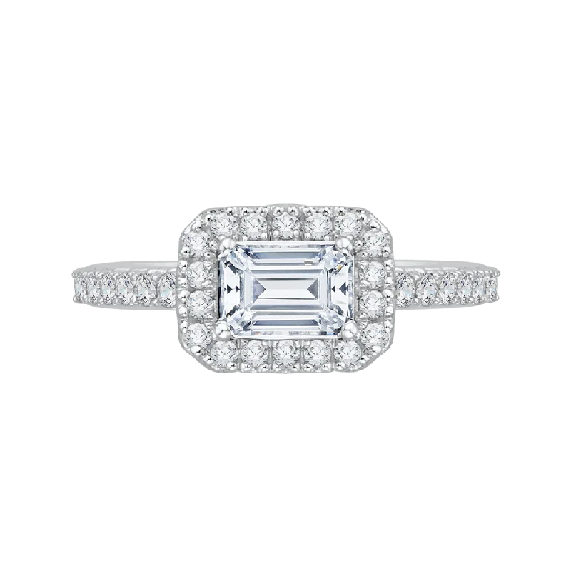 14K White Gold Emerald Cut Diamond Halo Engagement Ring