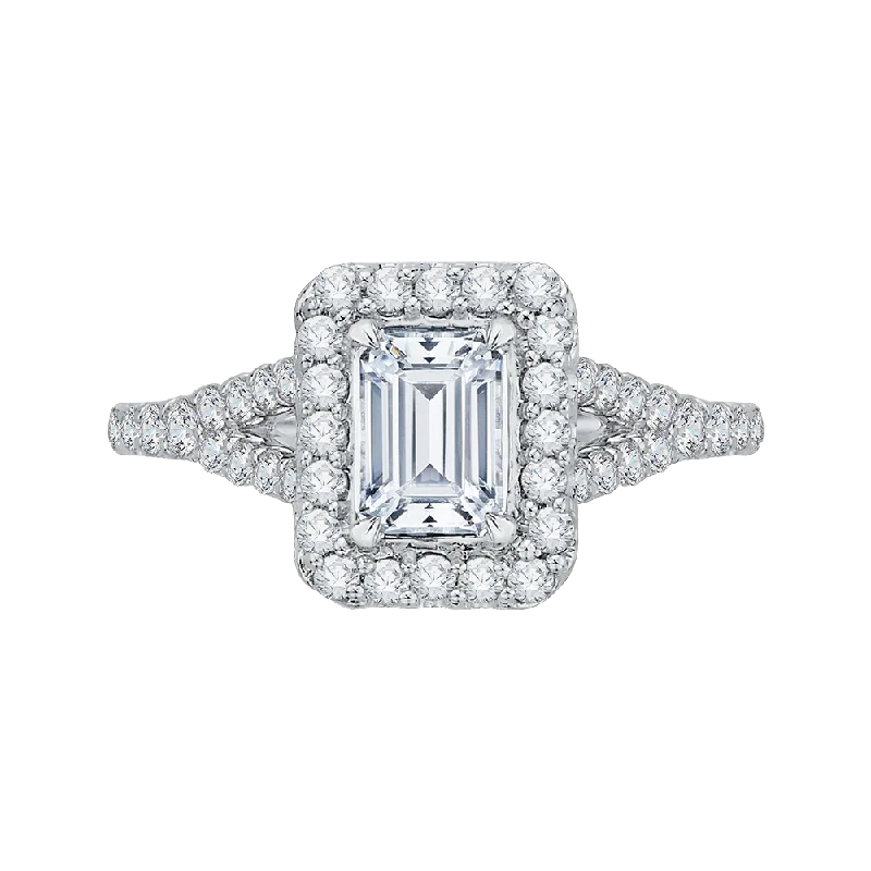 14K White Gold Emerald Cut Diamond Halo Engagement Ring with Split Shank (Semi Mount)