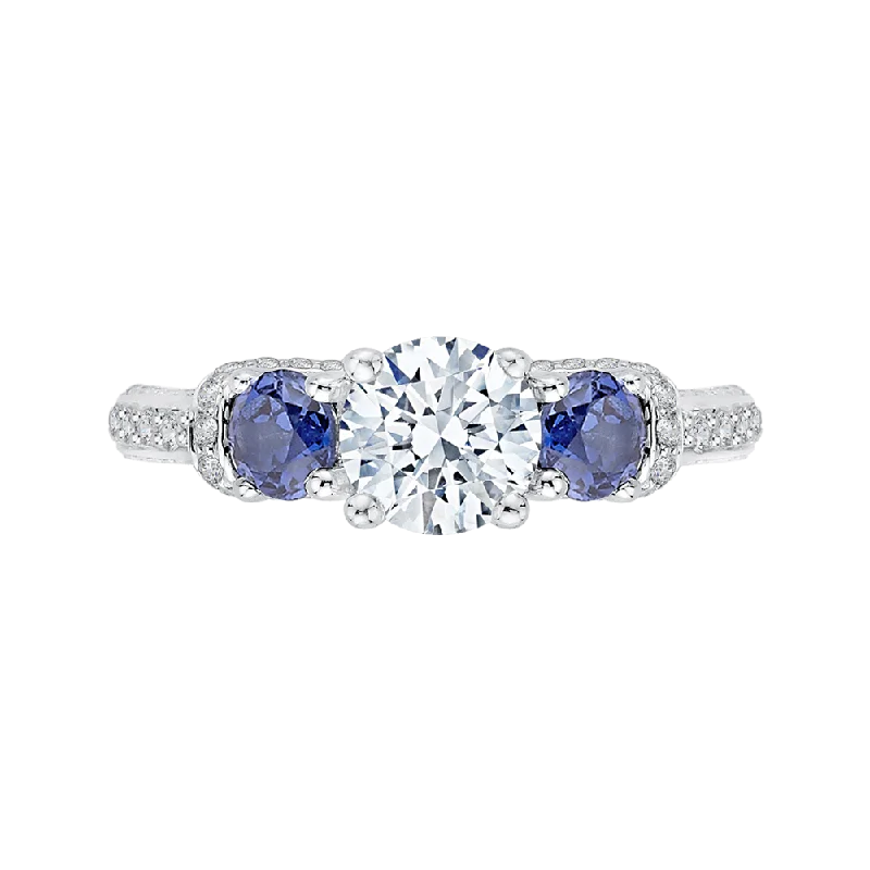 14K White Gold Euro Shank Round Diamond and Sapphire Three Stone Engagement Ring (Semi Mount)