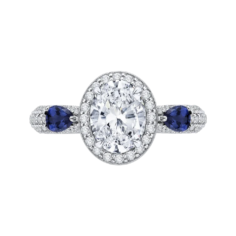 14K White Gold Oval Diamond Halo Engagement Ring with Sapphire (Semi Mount)