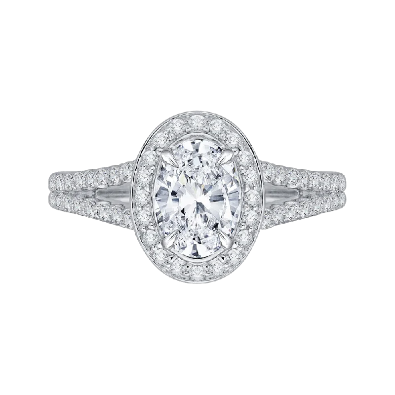 14K White Gold Oval Diamond Halo Engagement Ring with Split Shank (Semi Mount)