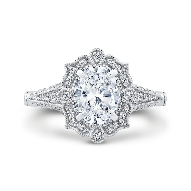 14K White Gold Oval Diamond Halo Vintage Engagement Ring (Semi Mount)