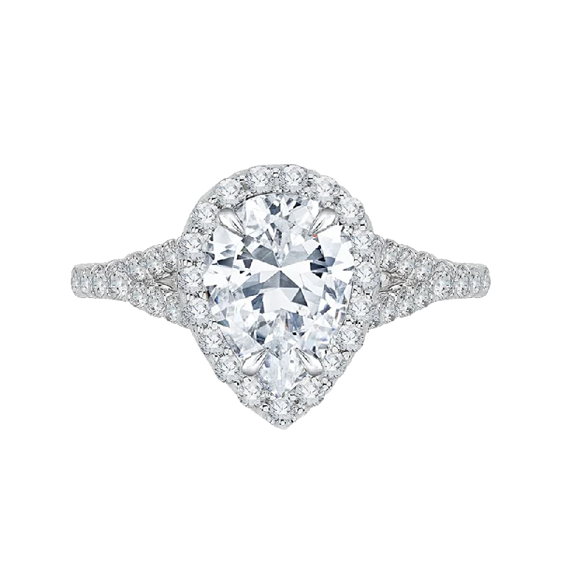 14K White Gold Pear Diamond Halo Engagement Ring with Split Shank (Semi-Mount)