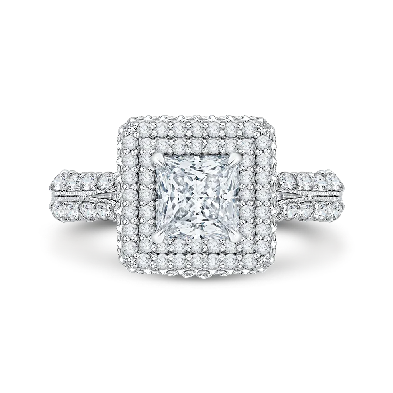 14K White Gold Princess Cut Diamond Double Halo Engagement Ring (Semi Mount)