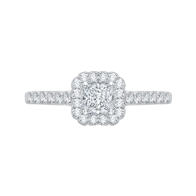 14K White Gold Princess Cut Diamond Halo Engagement Ring