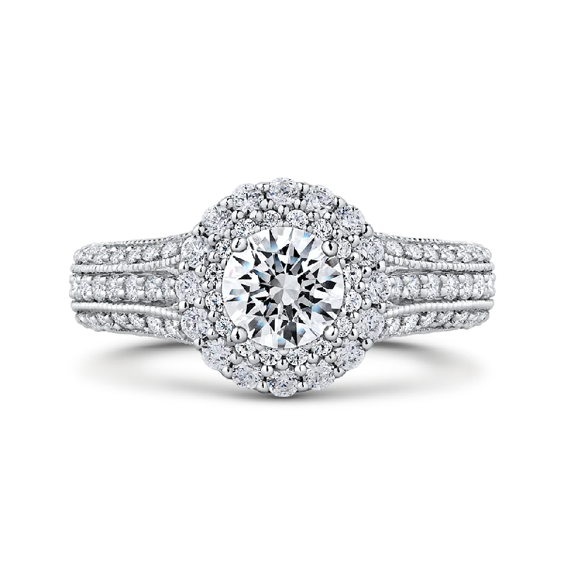 14K White Gold Round Cut Diamond Double Halo Vintage Engagement Ring