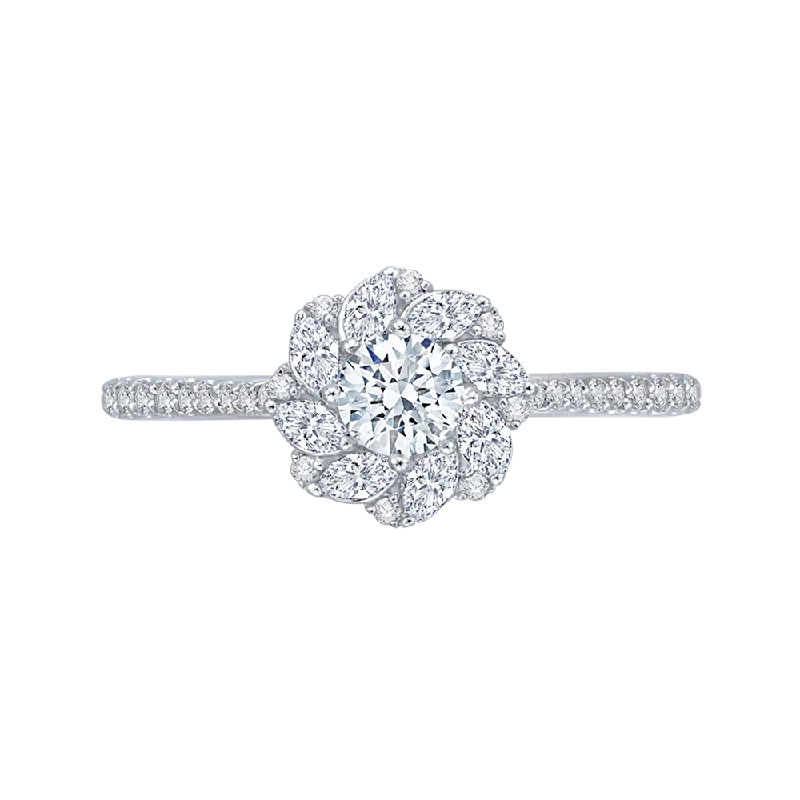 14K White Gold Round Cut Diamond Floral Halo Engagement Ring