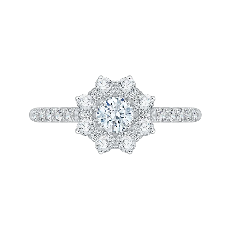 14K White Gold Round Cut Diamond Floral Halo Engagement Ring