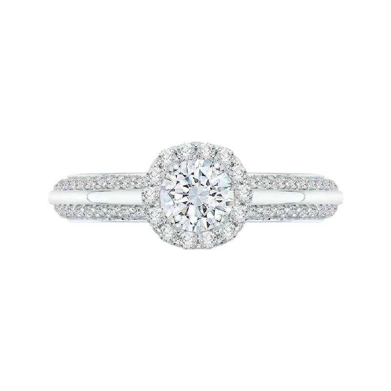 14K White Gold Round Cut Diamond Halo Cathedral Style Engagement Ring