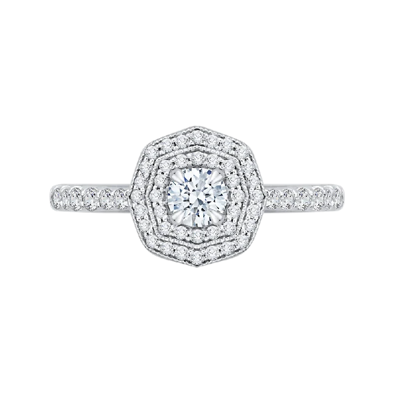 14K White Gold Round Cut Diamond Octagon Shape Double Halo Engagement Ring