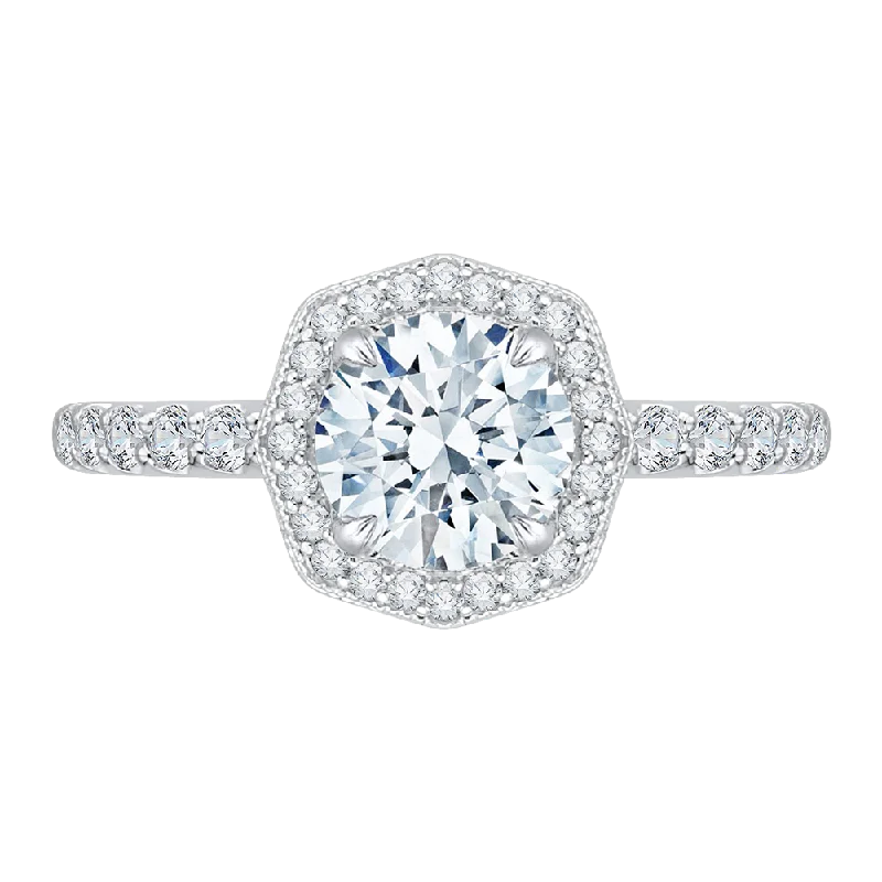 14K White Gold Round Cut Diamond Octagon Shape Halo Engagement Ring (Semi Mount)