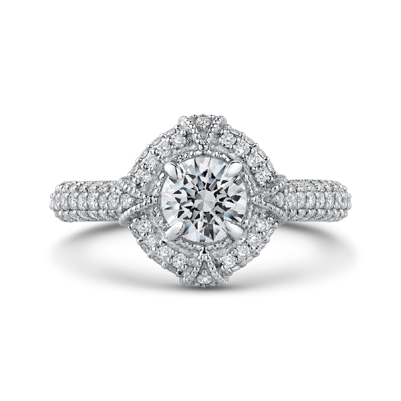 14K White Gold Round Diamond Cathedral Style Halo Engagement Ring