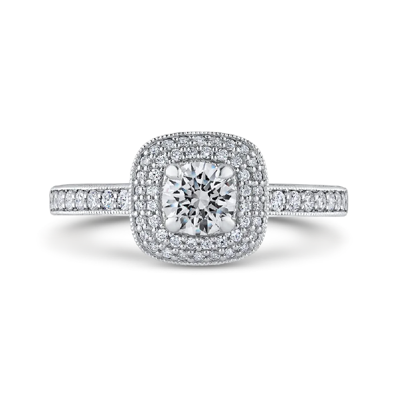 14K White Gold Round Diamond Double Halo Cathedral Style Engagement Ring