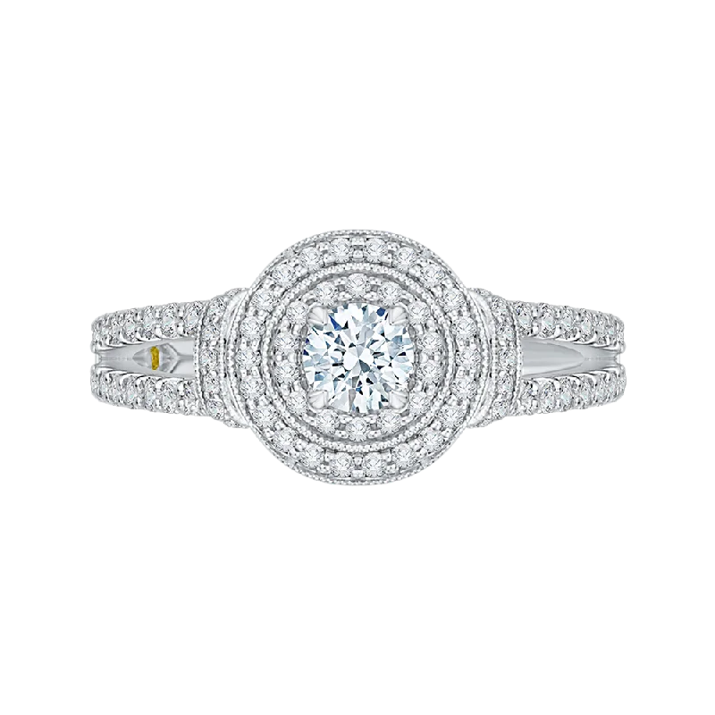 14K White Gold Round Diamond Double Halo Engagement Ring with Split Shank