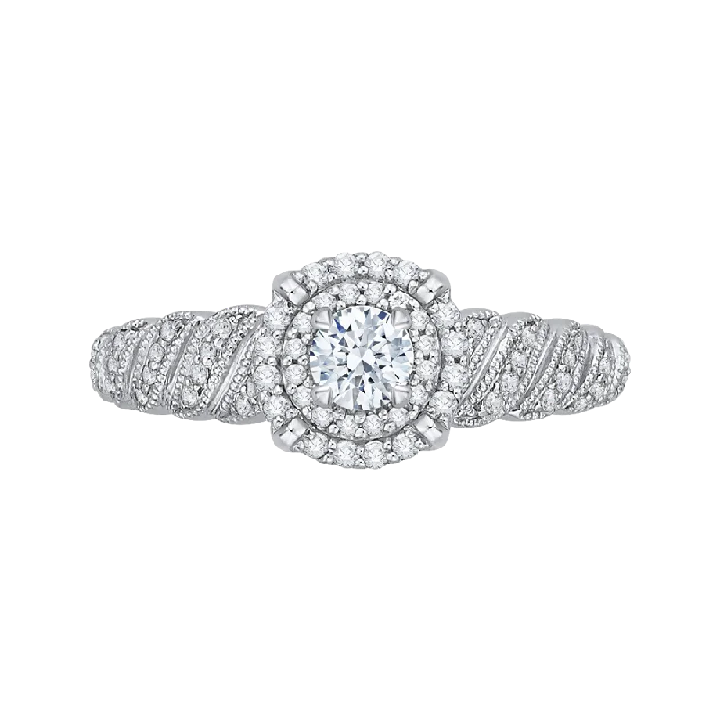 14K White Gold Round Diamond Double Halo Floral Engagement Ring