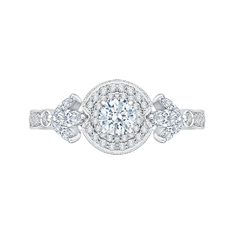 14K White Gold Round Diamond Double Halo Floral Engagement Ring