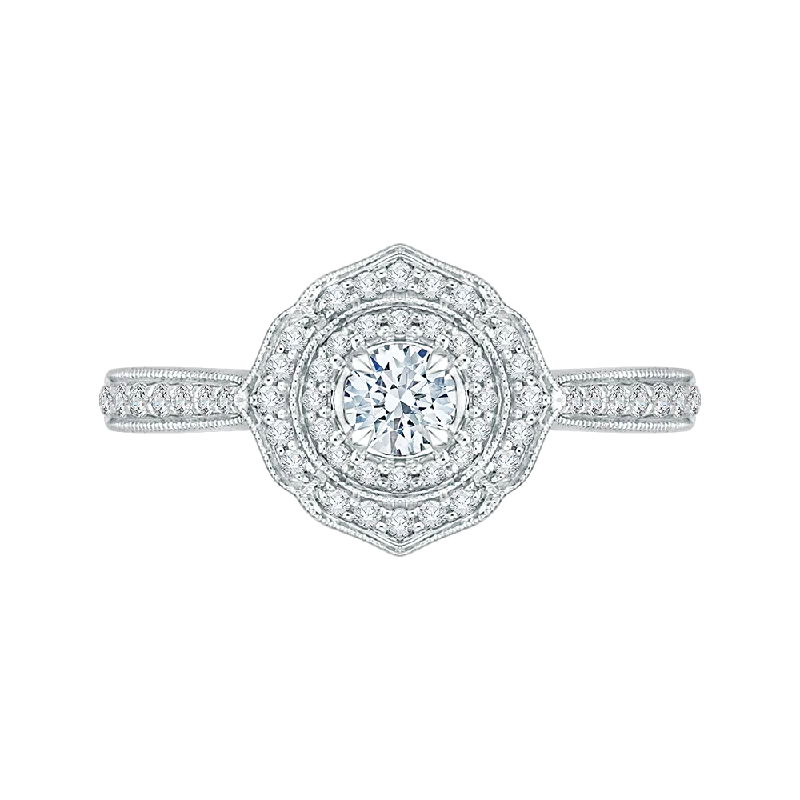 14K White Gold Round Diamond Double Halo Floral Engagement Ring