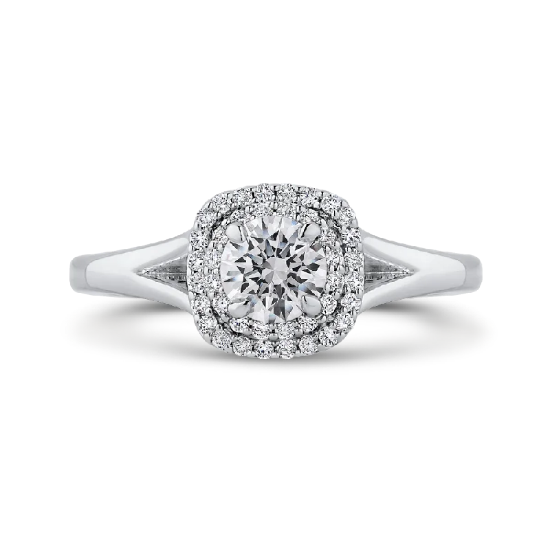 14K White Gold Round Diamond Double Halo with Spit Shank Engagement Ring