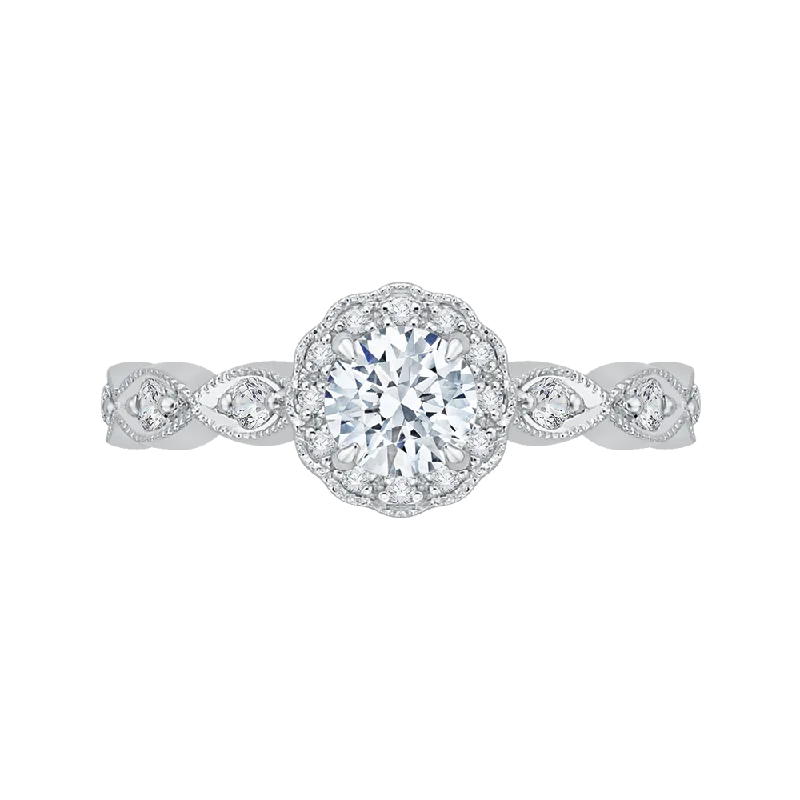 14K White Gold Round Diamond Floral Halo Engagement Ring