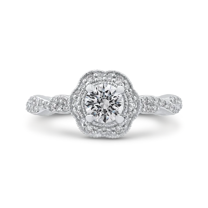 14K White Gold Round Diamond Floral Halo Engagement Ring