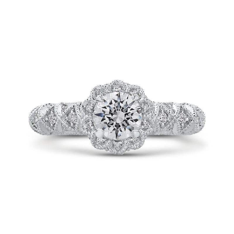 14K White Gold Round Diamond Floral Halo Engagement Ring