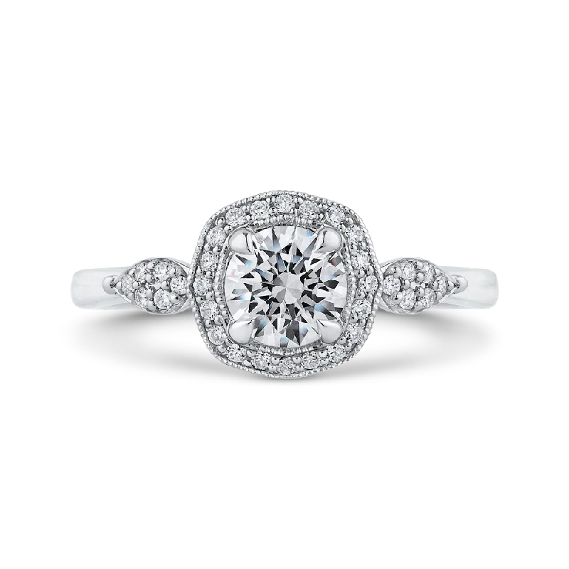 14K White Gold Round Diamond Floral Halo Engagement Ring