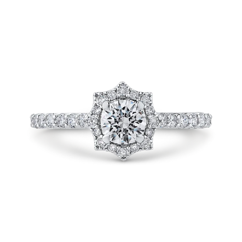 14K White Gold Round Diamond Floral Halo Engagement Ring