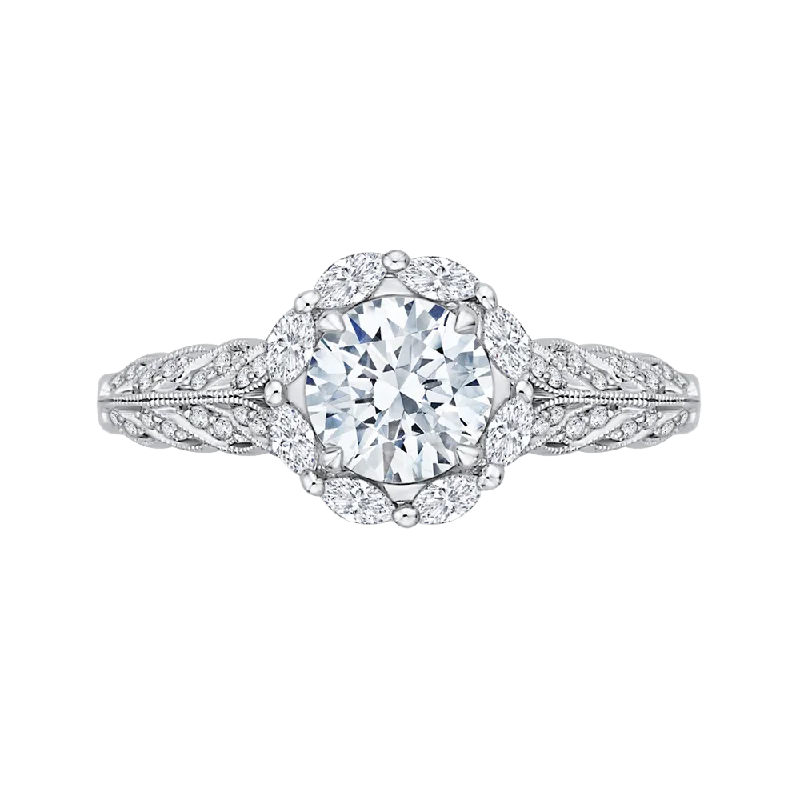 14K White Gold Round Diamond Floral Halo Engagement Ring (Semi Mount)