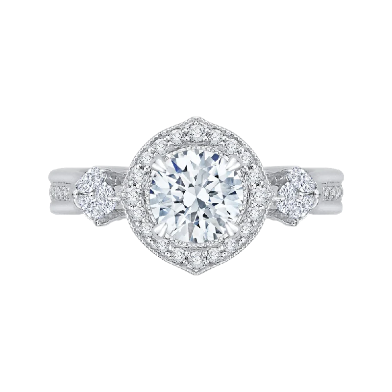 14K White Gold Round Diamond Floral Halo Engagement Ring (Semi Mount)