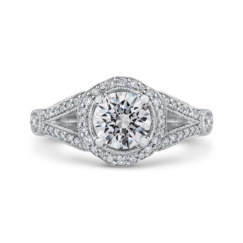 14K White Gold Round Diamond Floral Halo Engagement Ring with Split Shank (Semi Mount)