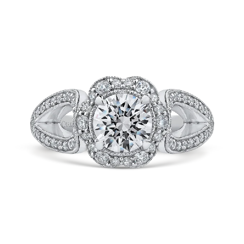 14K White Gold Round Diamond Floral Halo Engagement Ring with Split Shank (Semi Mount)