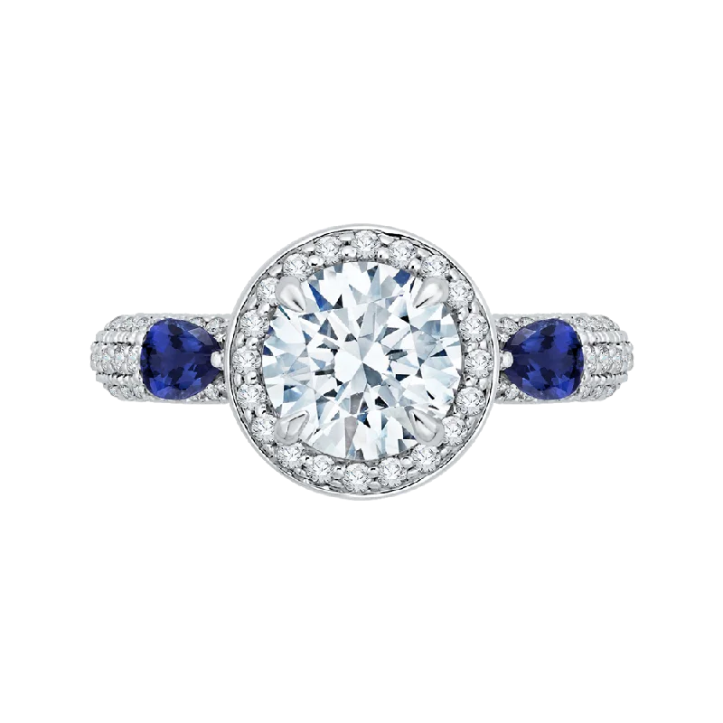 14K White Gold Round Diamond Halo Engagement Ring with Sapphire (Semi Mount)