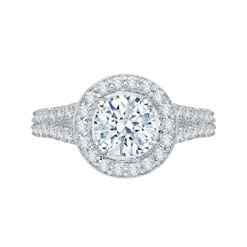 14K White Gold Round Diamond Halo Engagement Ring with Split Shank