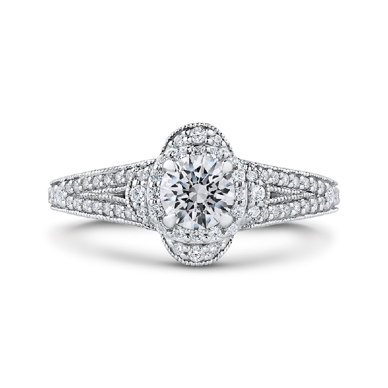 14K White Gold Round Diamond Halo Engagement Ring with Split Shank