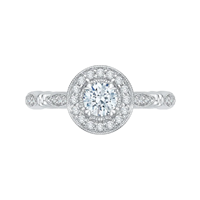 14K White Gold Round Diamond Halo Vintage Engagement Ring