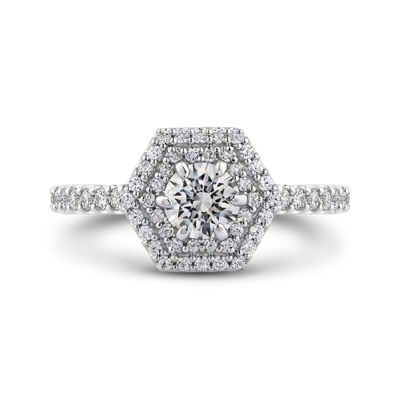 14K White Gold Round Diamond Hexagon Shape Double Halo Engagement Ring